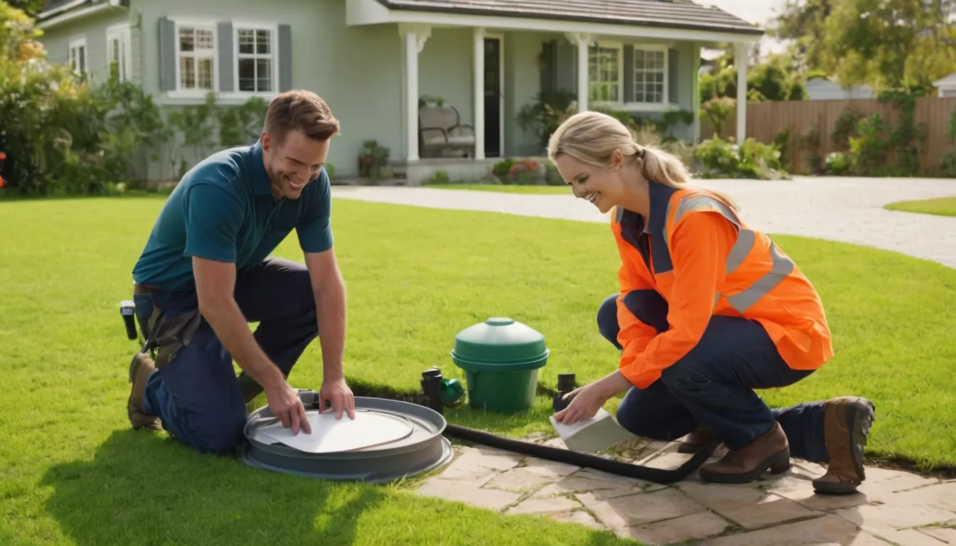 Friendly septic service provider talking with a homeowner beside a yard access lid in the Manassas area