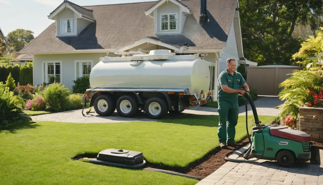 Septic service truck parked beside a colonial home in Manassas while a provider checks the tank lid